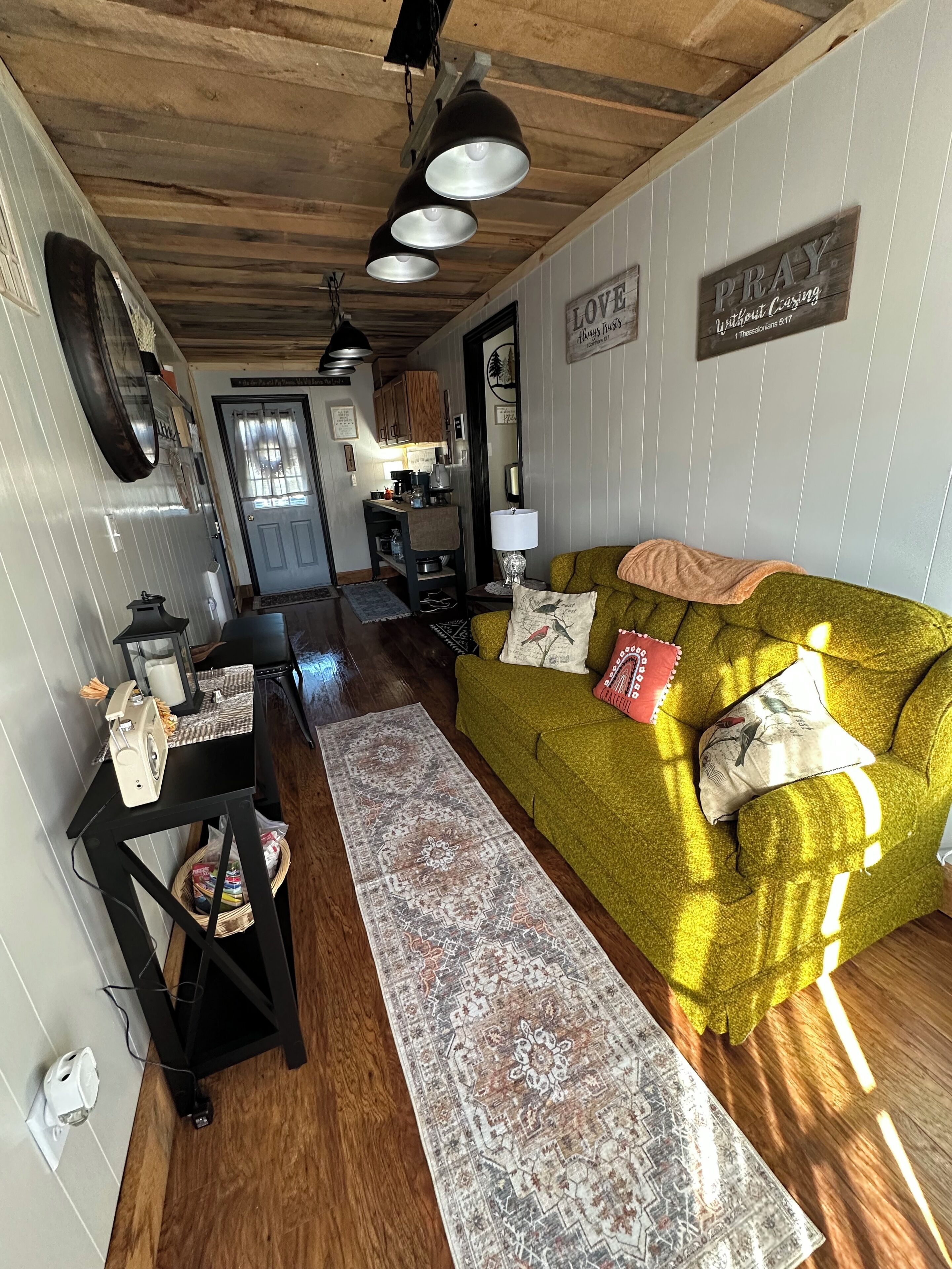 A cozy living room with a green sofa, a patterned rug, and a wooden ceiling.