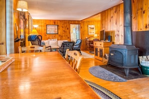 Interior - The Little Red Camp - private waterfront on Rangeley Lake, wood stove and fire pit (Rangeley)