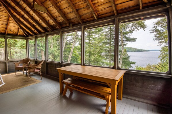 Dining - The Little Red Camp - private waterfront on Rangeley Lake, wood stove and fire pit (Rangeley)