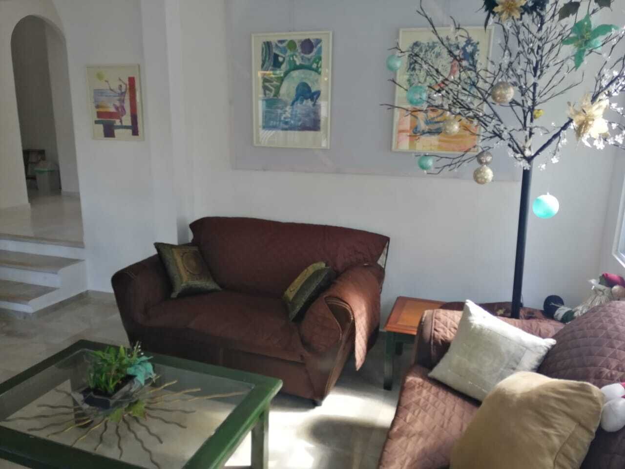 En stue med en brun lædersofa, et glasbord og et lille sofabord. Der er to billeder på væggen og et pyntetræ med julepynt.