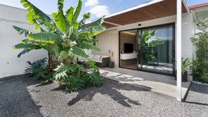 Une maison moderne dotée d’un patio, d’un grand bananier et d’une porte vitrée donnant sur une pièce.