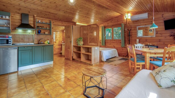 Interior de una cabaña de madera con cocina, comedor y una sala de estar acogedora.