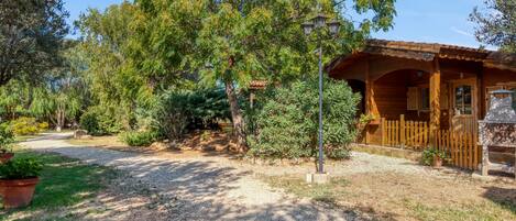 A rustic wooden building with a porch, surrounded by trees and gravel paths.