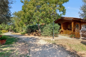 A rustic wooden building with a porch, surrounded by trees and gravel paths.