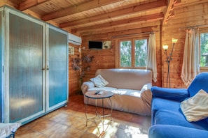 A wooden cabin interior with a sofa, a table, and a cabinet.