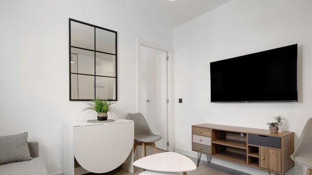 Een moderne woonkamer met een flatscreen televisie, een witte console tafel met een plant, een grijze bank en een kleine witte tafel.