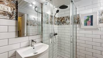 Regadera, secadora de cabello, toallas