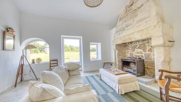 Een open haard, een dvd-speler en een stereo