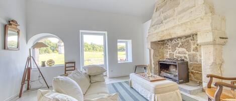 Een open haard, een dvd-speler en een stereo