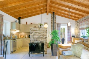 Televisión, chimenea y estéreo 