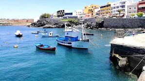 A coastal scene with boats docked near a rocky shore, buildings in the background, and a clear sky.