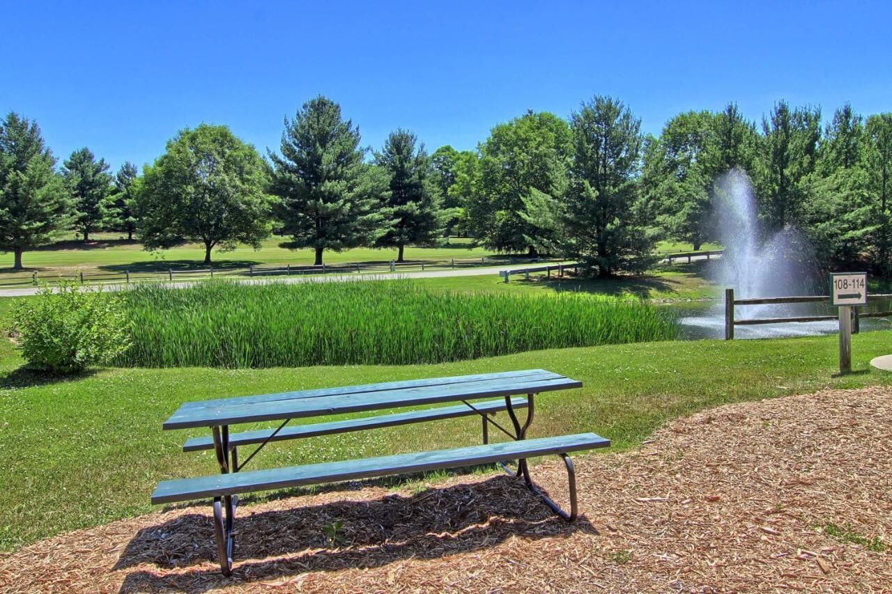 Una mesa de picnic en un parque, con una fuente y árboles al fondo.