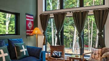 Smart TV, chimenea, libros y estéreo