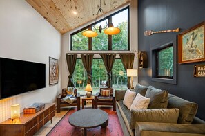 Smart TV, chimenea, libros y estéreo 