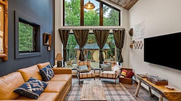 Smart TV, fireplace, books, stereo