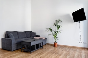 A living room with a grey sofa, a small table, a potted plant, and a mounted TV on the wall.