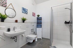 Shower, hair dryer, towels