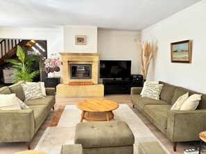 Smart TV, chimenea, reproductor de DVD y libros 