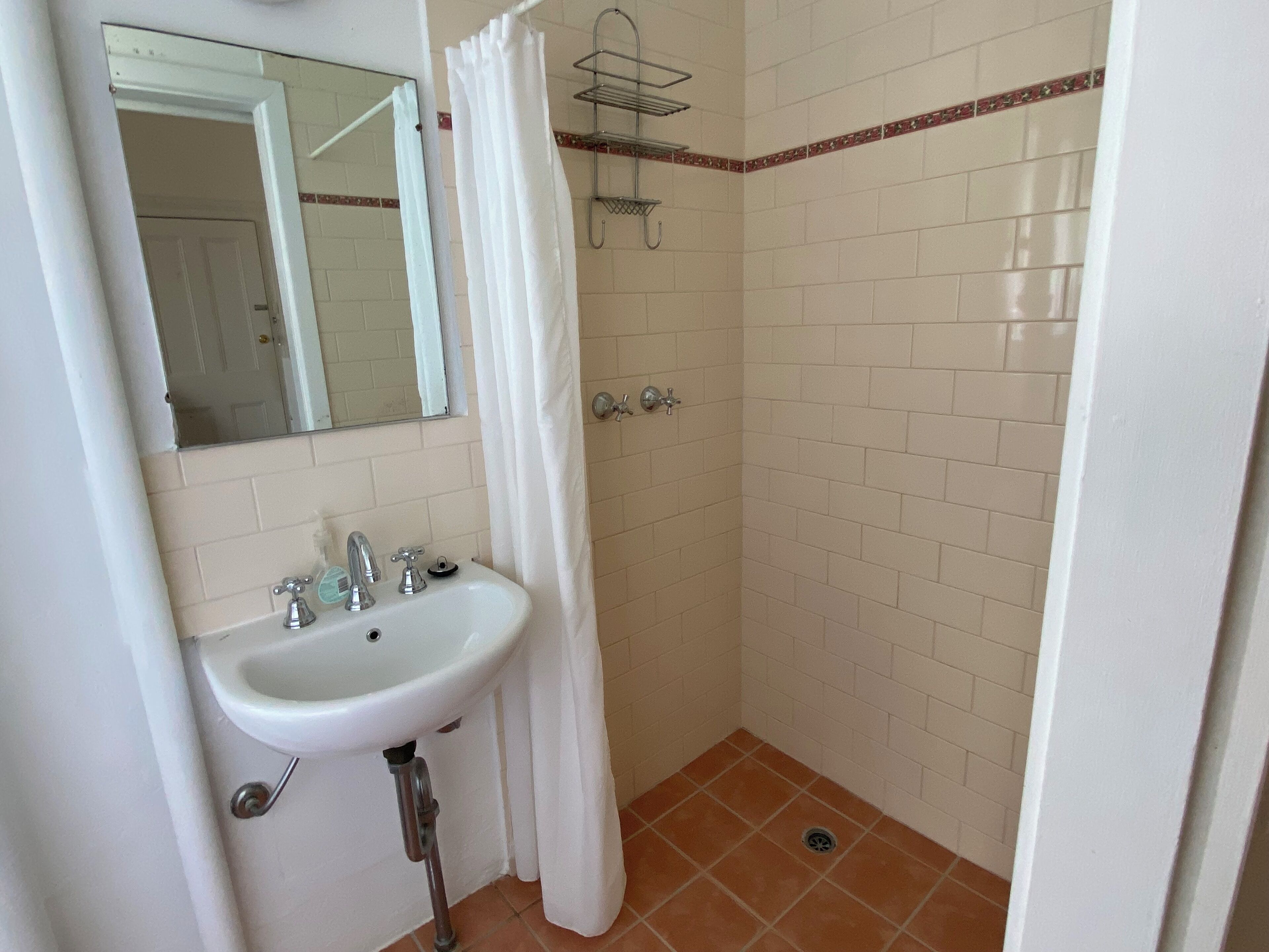 Een badkamer met een witte wastafel, spiegel en douche.