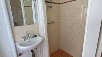 Een badkamer met een witte wastafel, spiegel en douche.