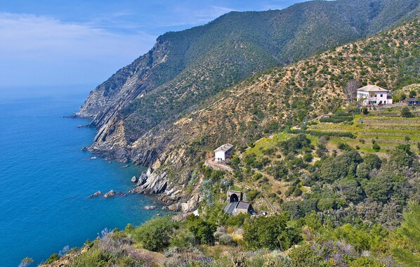 A coastal property with a white building, a small white structure, and a tunnel-like feature.