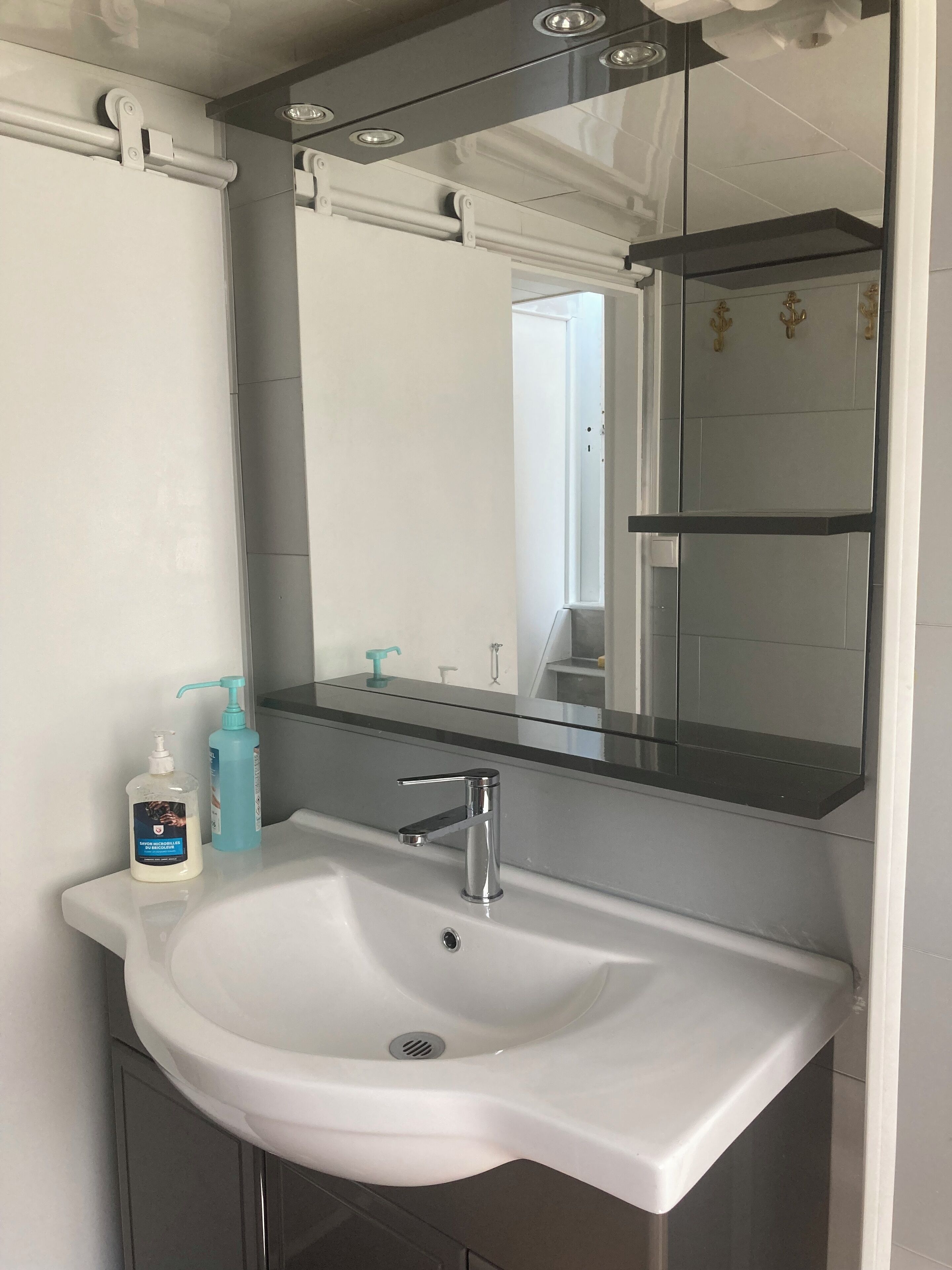 Hair dryer, towels, soap, toilet paper