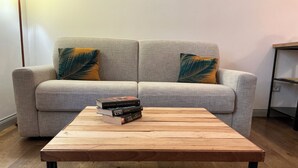 Ein Wohnzimmer mit grauem Sofa, zwei gemusterten Kissen und einem Couchtisch mit Büchern darauf.