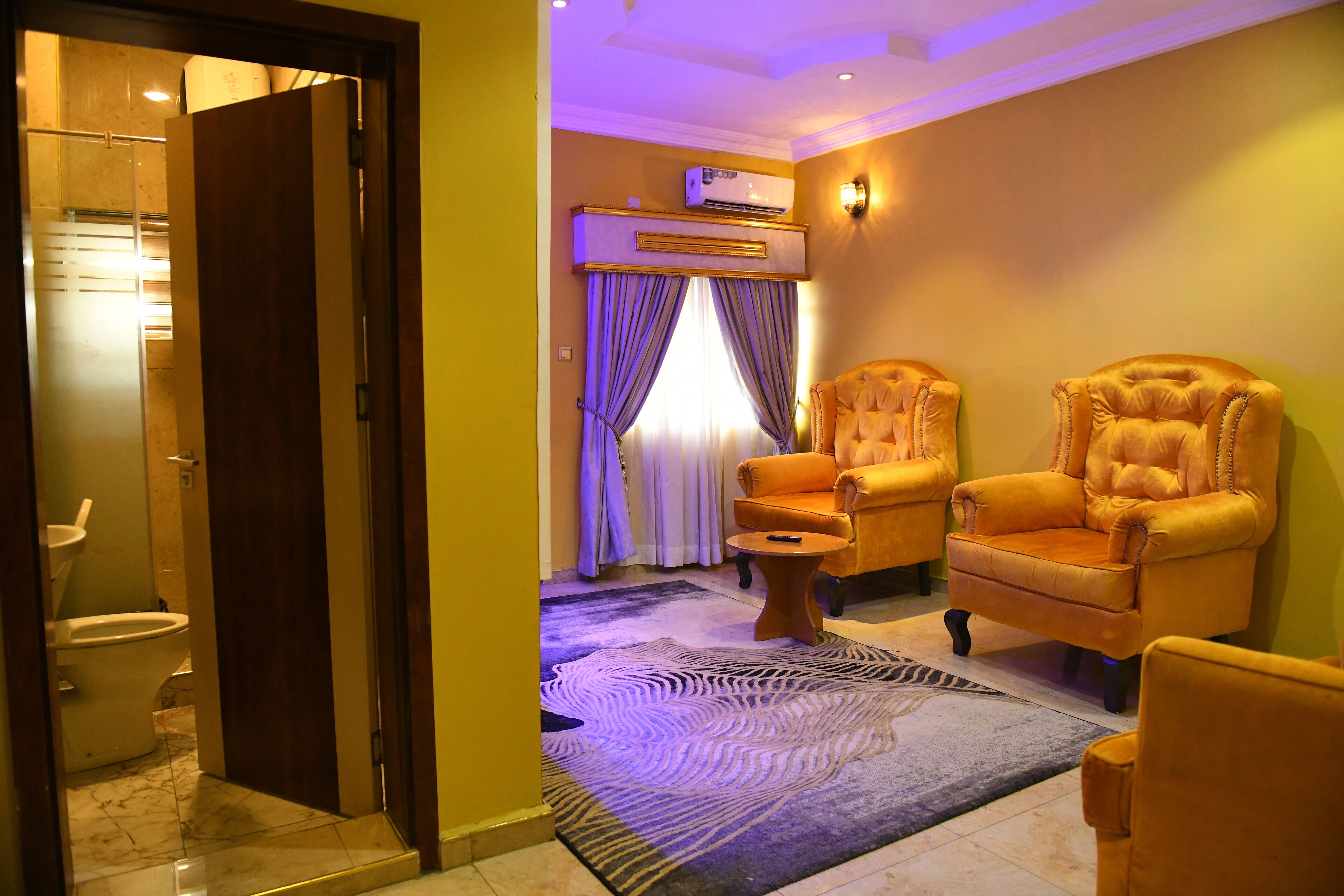A room with two plush armchairs, a small side table, and a patterned rug.