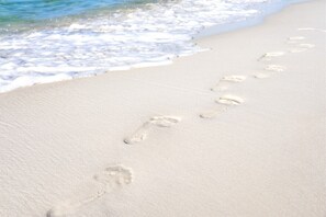 Footprints on a sandy beach leading to the water.