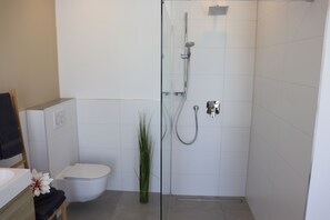 Shower, hair dryer, bidet, towels