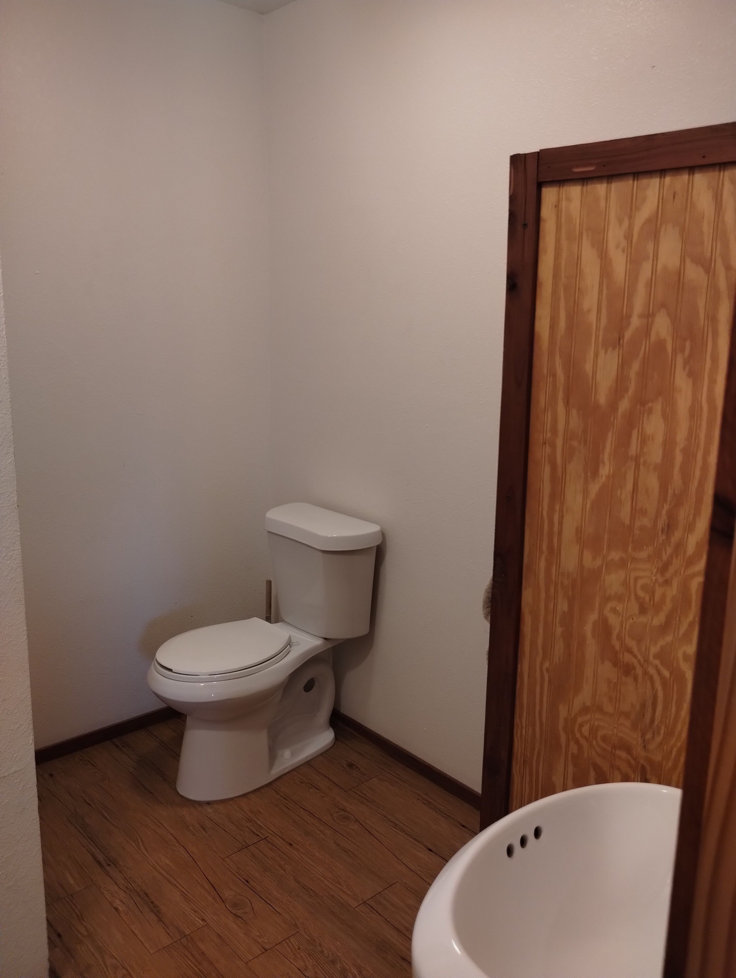 A small bathroom with a white toilet, wooden floor, and a wooden door.