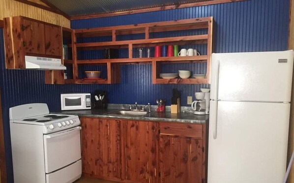 Cabin, 2 Bedrooms, River View | Private kitchen | Full-sized fridge, microwave, oven, stovetop