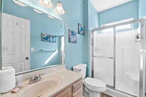 Hair dryer, towels, soap, toilet paper