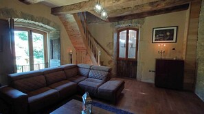 TV connectée, cheminée, livres, chaîne hi-fi