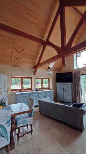 Smart TV, fireplace, books, stereo