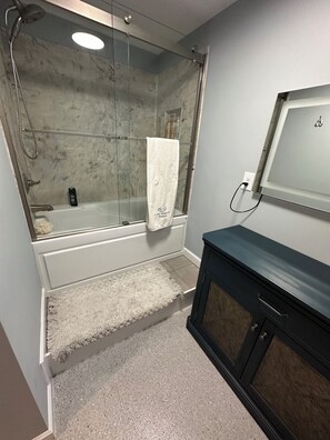 Hair dryer, bidet, towels, soap