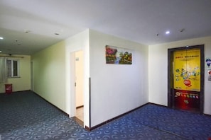 A hallway with a door, a poster, and a patterned carpet.