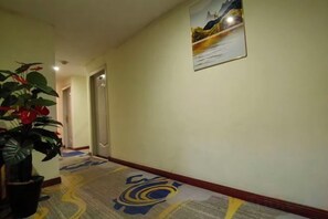 A hotel hallway with a carpeted floor, a potted plant, and a framed picture on the wall. - Guilin City Express Hotel (Guilin)