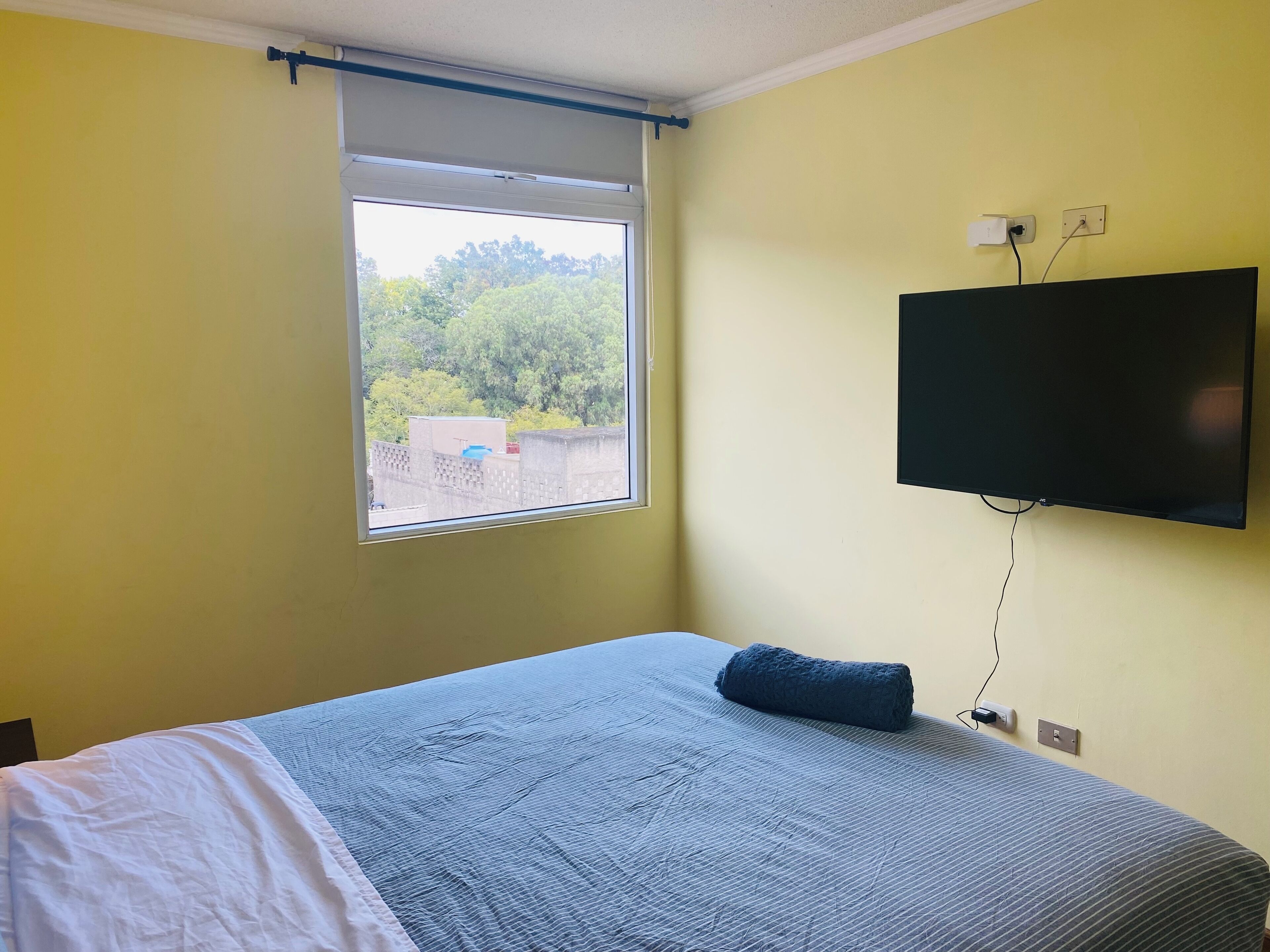 Una habitación con cama, ventana con vistas a árboles, televisor de pantalla plana montado en la pared y toma de corriente.