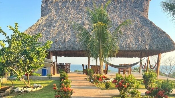 A thatched-roof structure with a pathway leading to a beach, surrounded by greenery and small plants. - Rancho Agua Fría (Jucuarán)