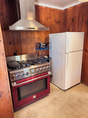 Fridge, stovetop, coffee/tea maker, cookware/dishes/utensils