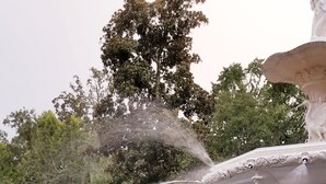 A fountain with statues and water jets, surrounded by flowers and greenery.