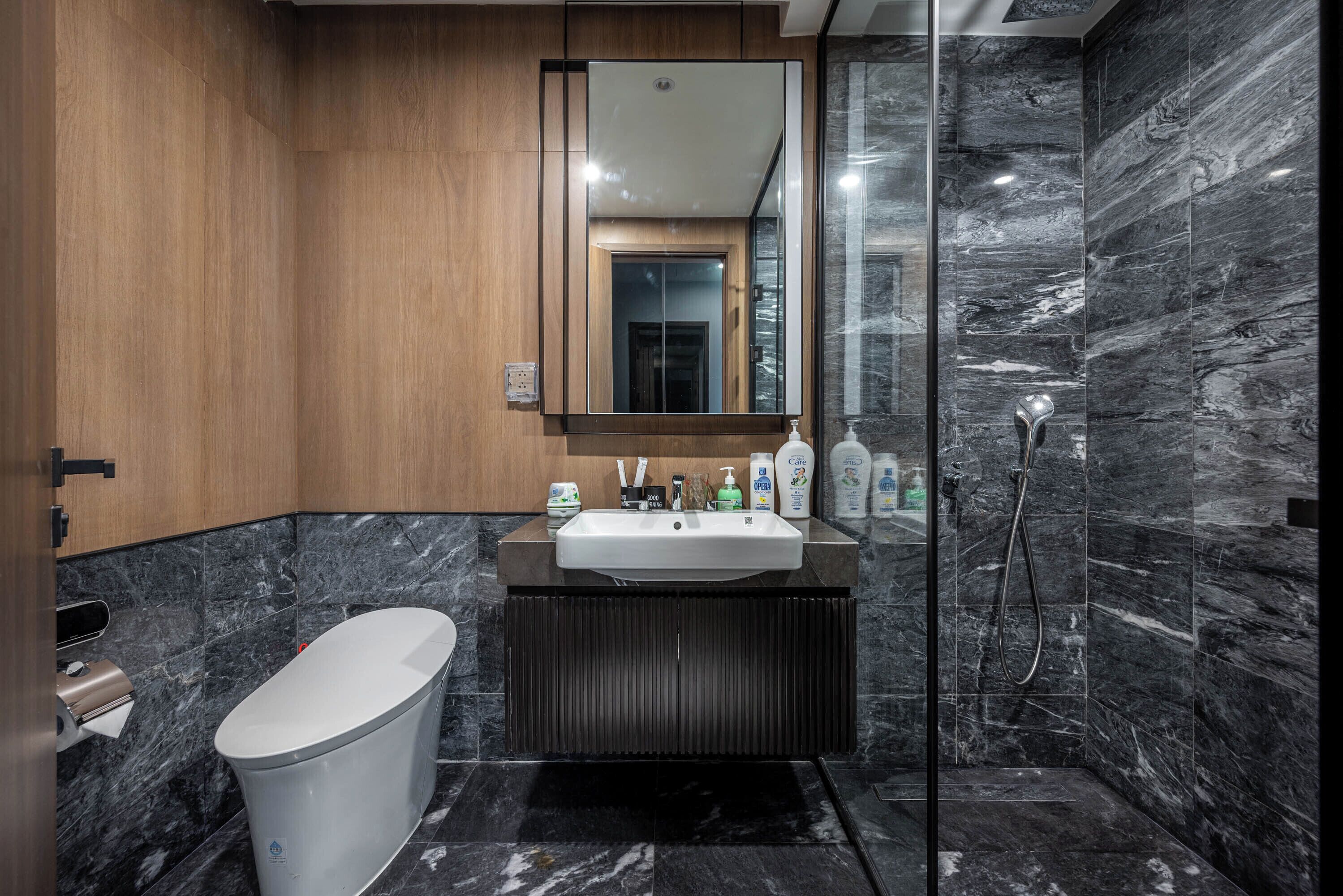 Shower, hair dryer, bidet, towels