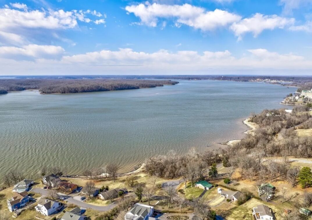 An aerial view of a residential area with houses near a large body of water, surrounded by trees and open land.