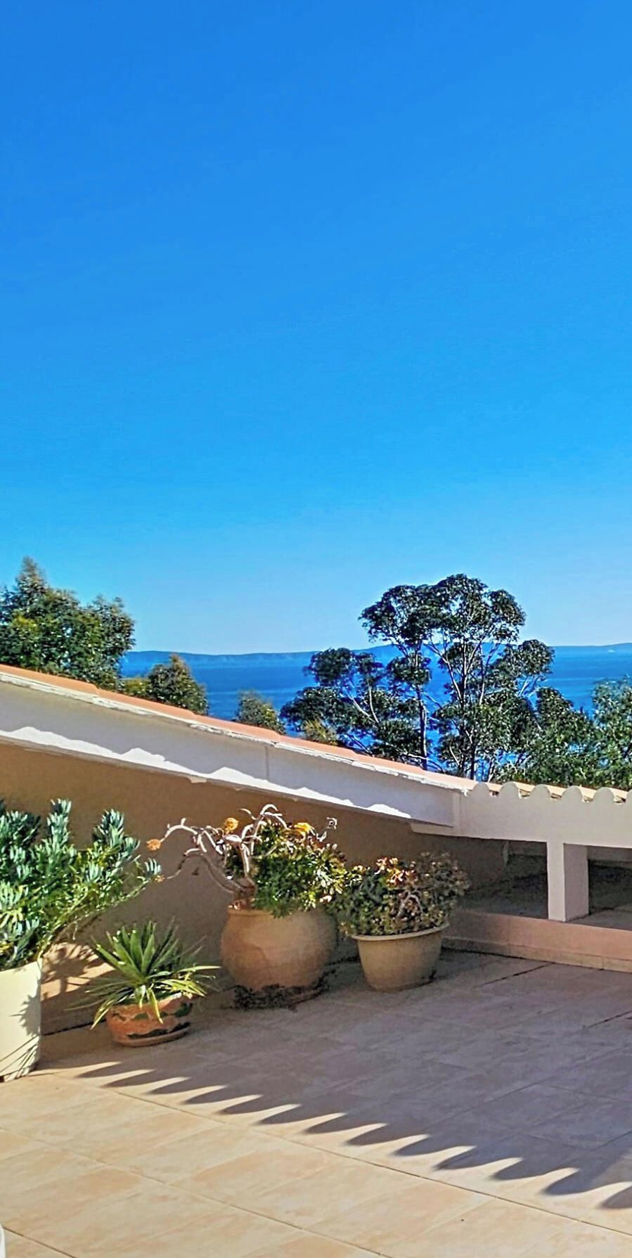 A terrace with potted plants and a clear view of the sea.
