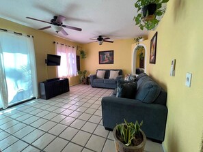A living room with a sofa, a TV, ceiling fans, and a potted plant.