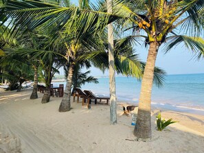 Een strand met palmbomen, ligstoelen en een zandstrand.