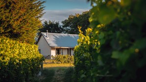 Ein Haus mit geneigtem Dach, umgeben von üppiger Vegetation und blauem Himmel.