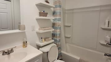Hair dryer, towels, soap, shampoo