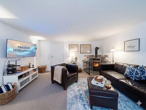 Smart TV, fireplace, books